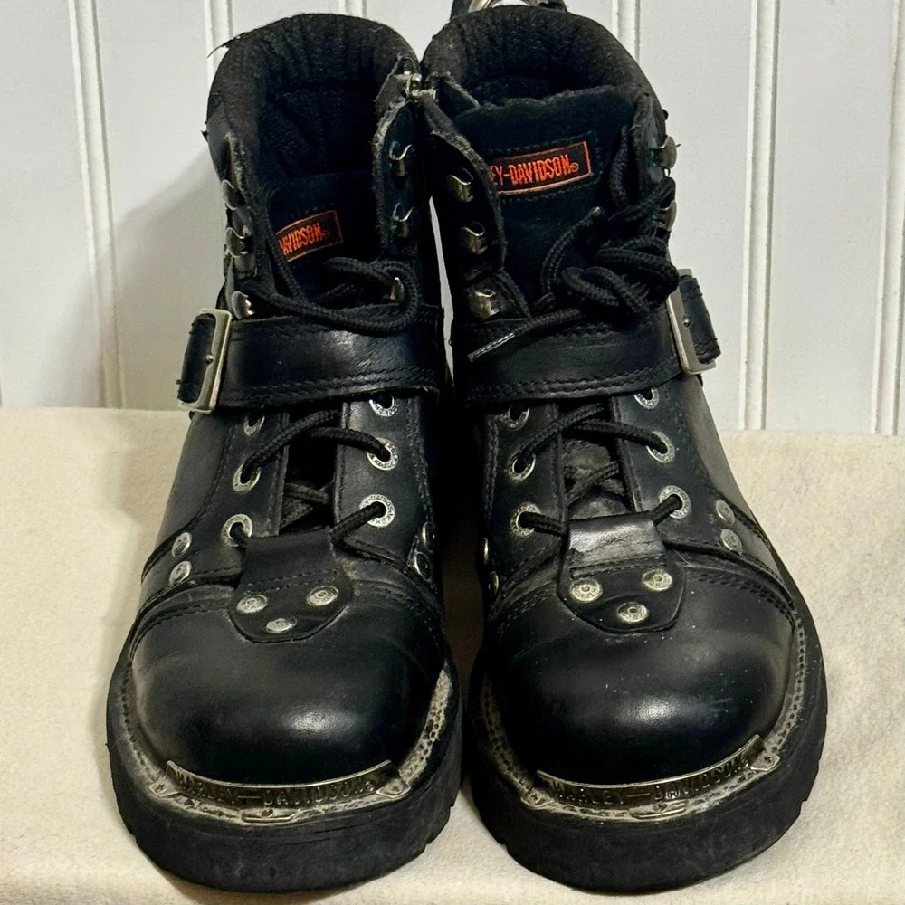 Harley Davidson Mens 8.5 Moto Biker Boots Black Leather Chunky Y2K Grunge
